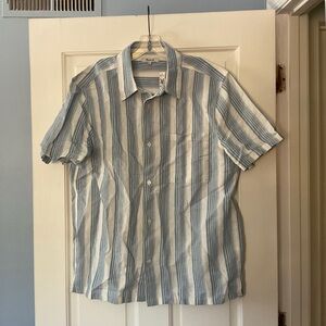 Madewell Button-Up Short-Sleeve Shirt in Cotton-Linen Blend Blue Stripe L NWT